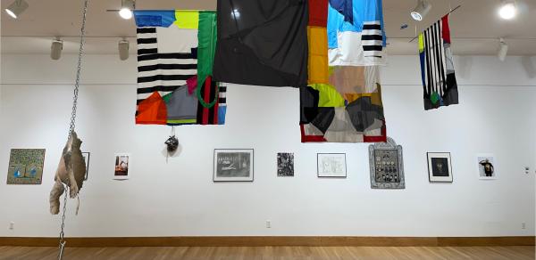 gallery installation view showing various works of art: sculptures, drawings, paintings, and photographs